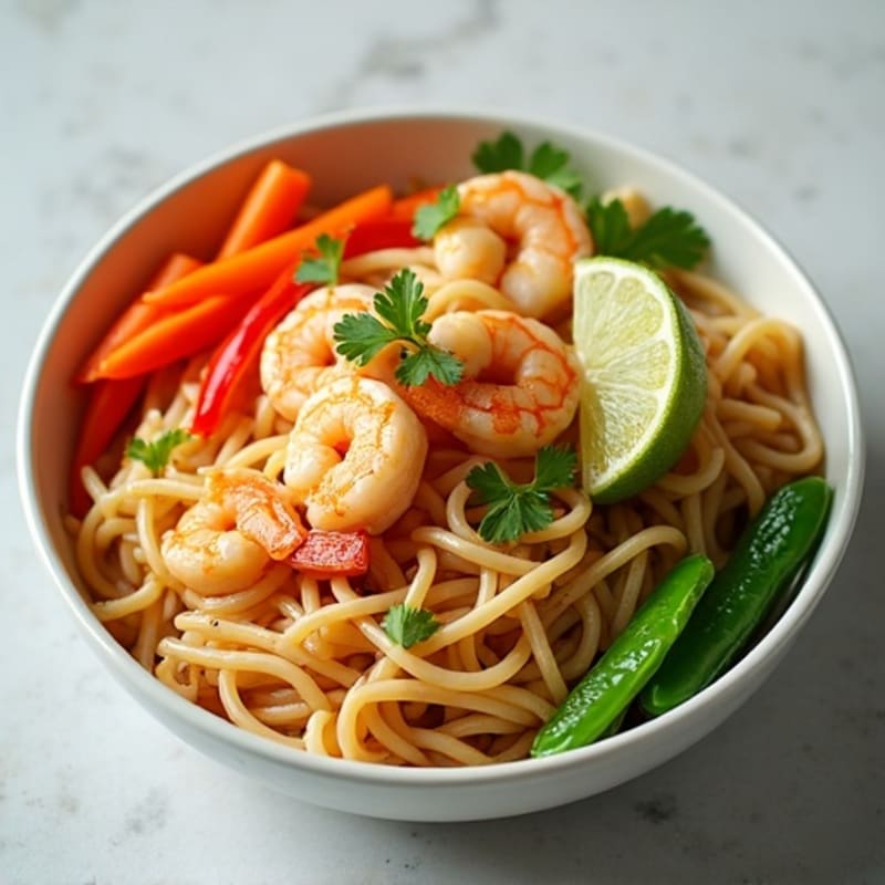 Shrimp with Peanut Lime Rice Noodles and Crisp Vegetables