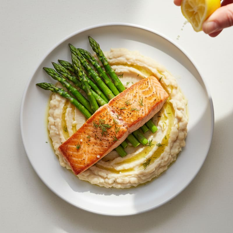 Seared Salmon with Creamy White Bean Mash and Steamed Asparagus