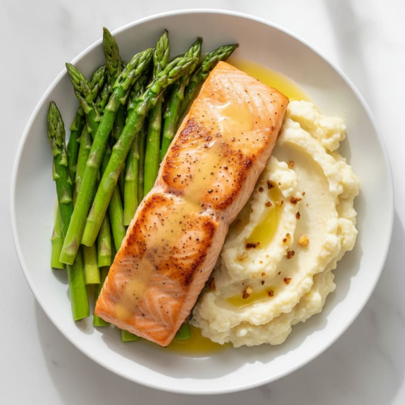 Seared Salmon with Steamed Asparagus and Garlic Mashed Cauliflower
