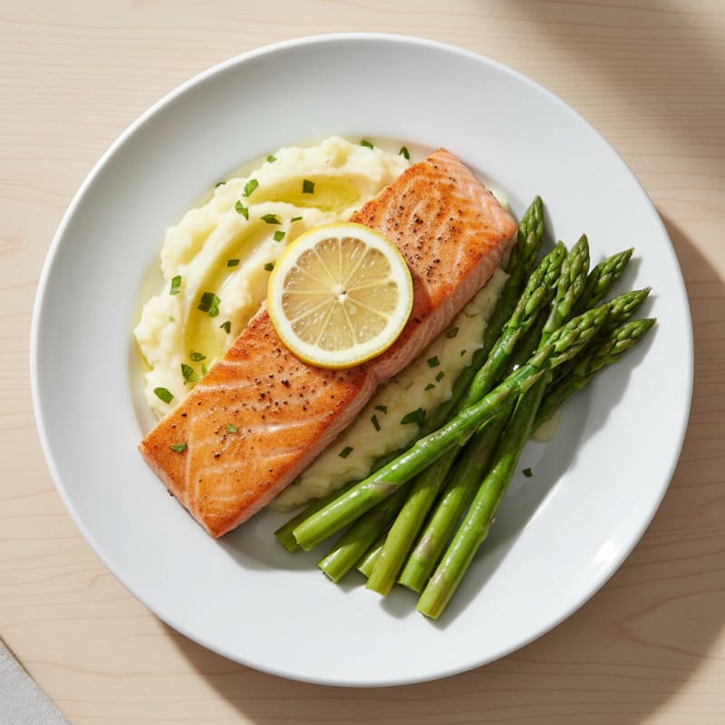 Seared Salmon with Steamed Asparagus and Garlic Mashed Potatoes