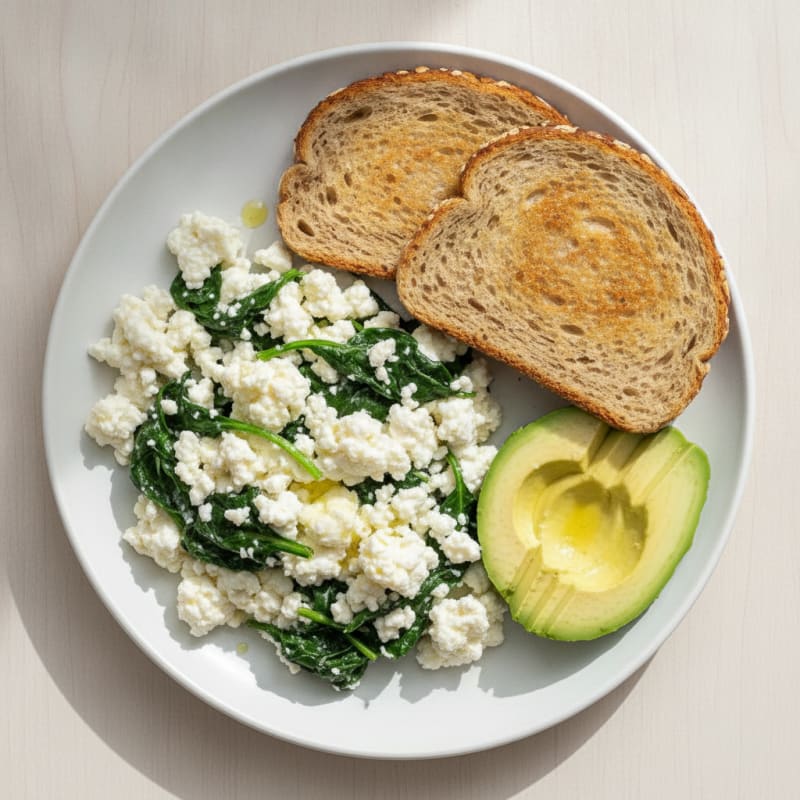 Egg White and Cottage Cheese Scramble with Sautéed Spinach