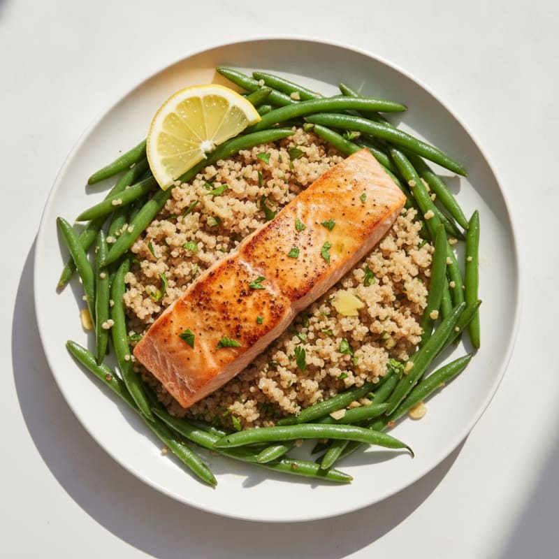Seared Salmon Fillet with Garlic Green Beans and Herbed Quinoa