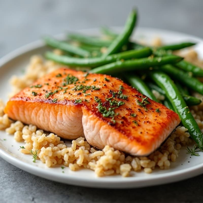 Seared Salmon with Garlic Green Beans and Brown Rice