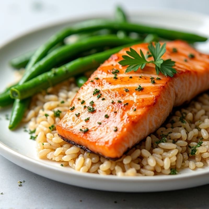Seared Salmon with Steamed Green Beans and Herbed Brown Rice