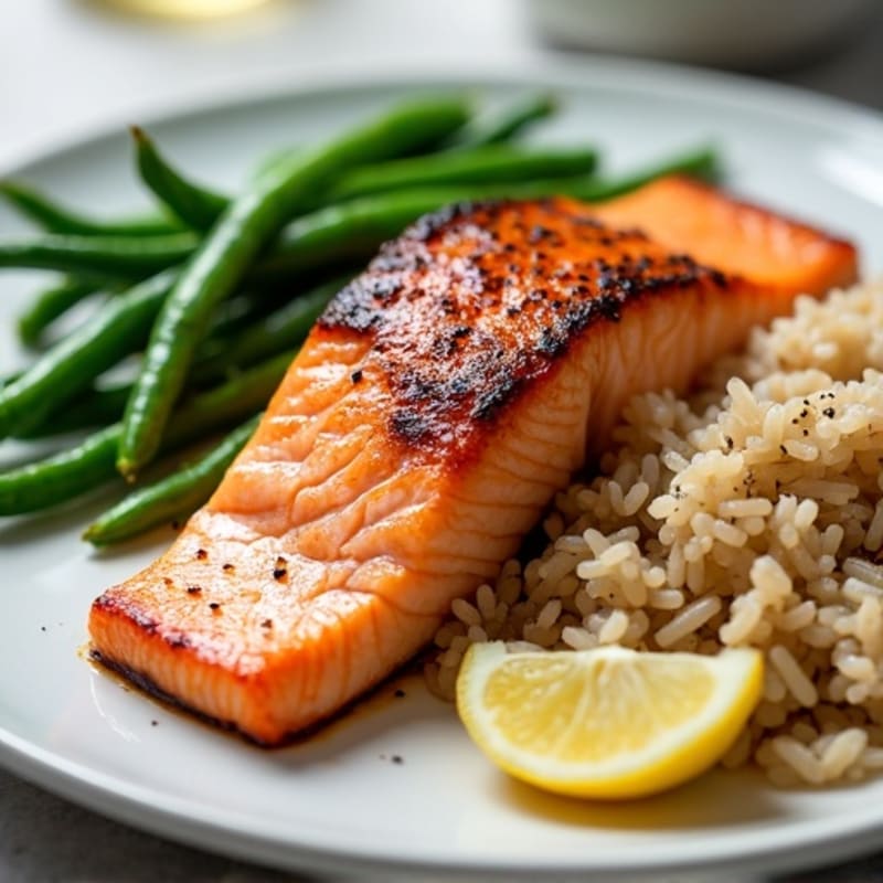 Seared Salmon with Steamed Green Beans and Brown Rice