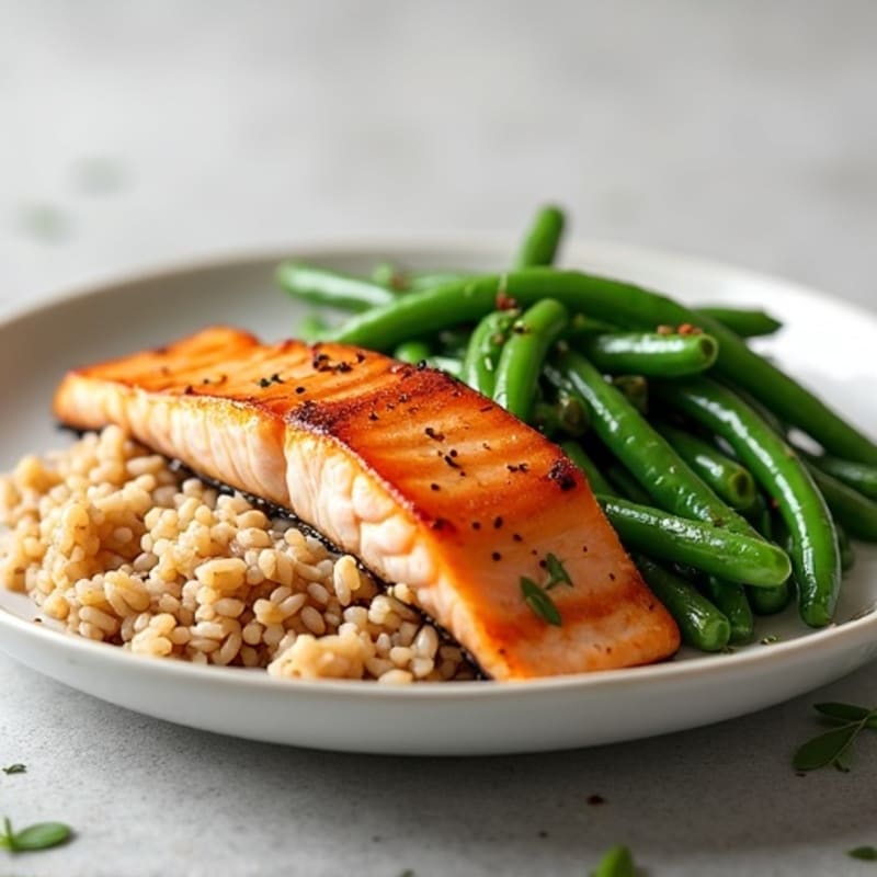 Seared Salmon with Steamed Green Beans and Brown Rice