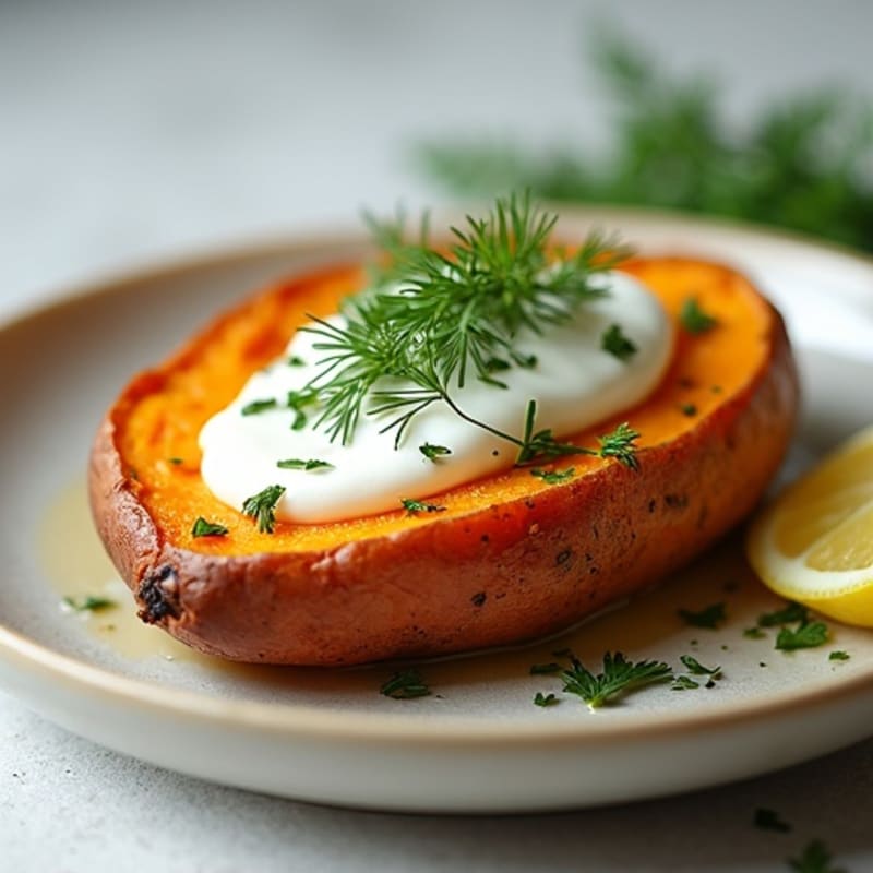 Crispy-Skinned Sweet Potato with Greek Yogurt and Herbs
