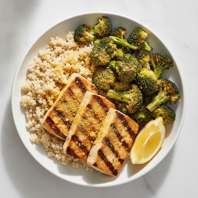 Grilled Tofu and Quinoa Bowl with Roasted Broccoli
