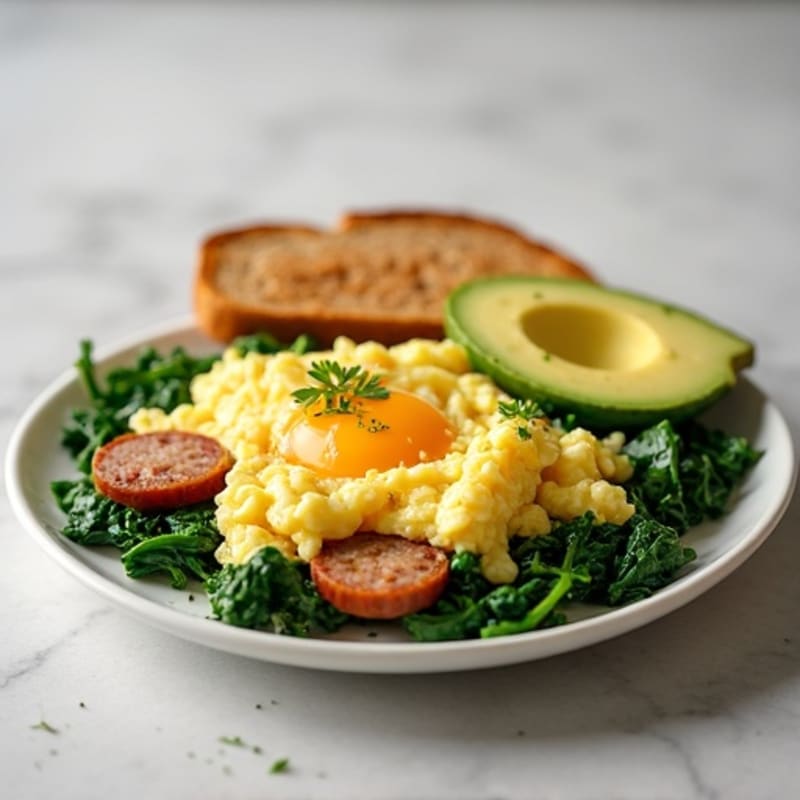 Egg White Scramble with Turkey Sausage and Sautéed Spinach