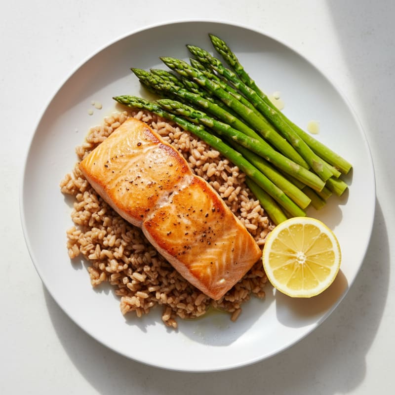 Seared Salmon with Steamed Asparagus and Brown Rice