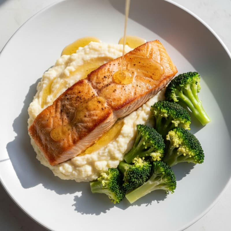 Pan-Seared Salmon with Cauliflower Mash and Steamed Broccoli