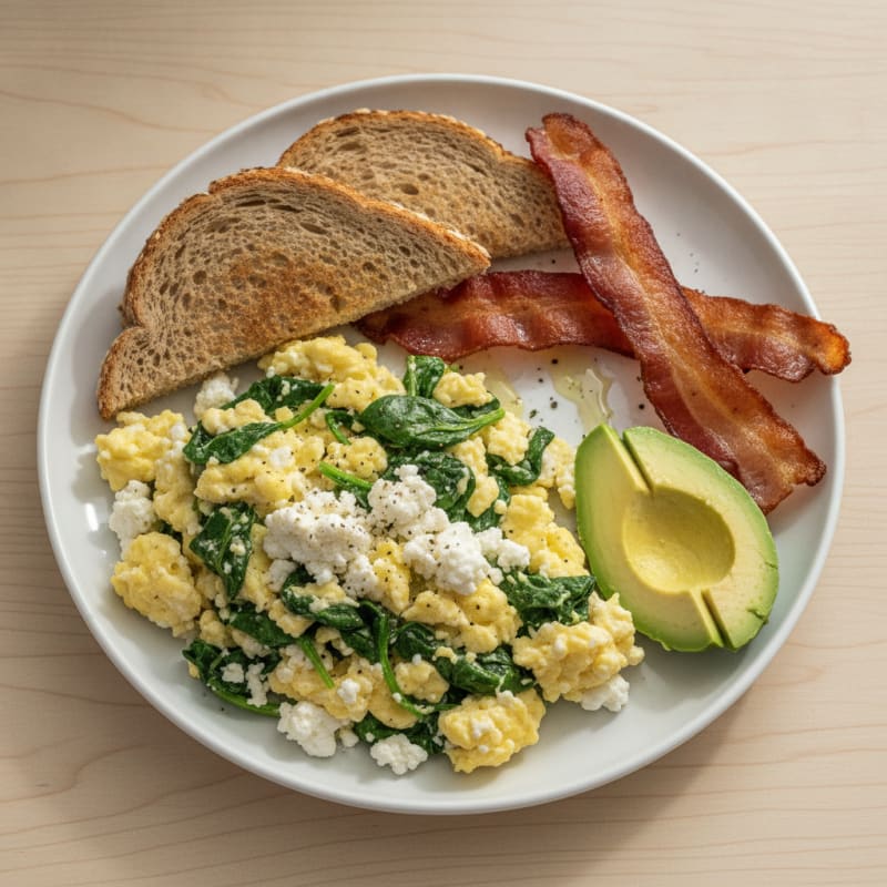 Cottage Cheese Egg Scramble with Spinach and Turkey Bacon
