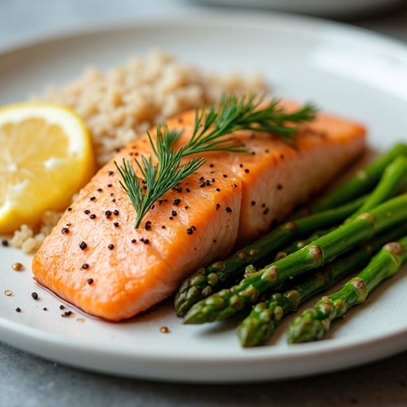 Flaky Lemon-Herb Baked Salmon with Brown Rice and Roasted Asparagus