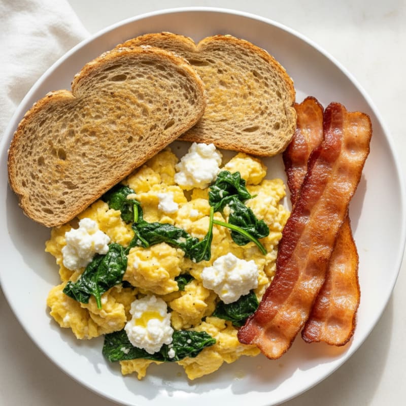Cottage Cheese Scramble with Spinach and Turkey Bacon