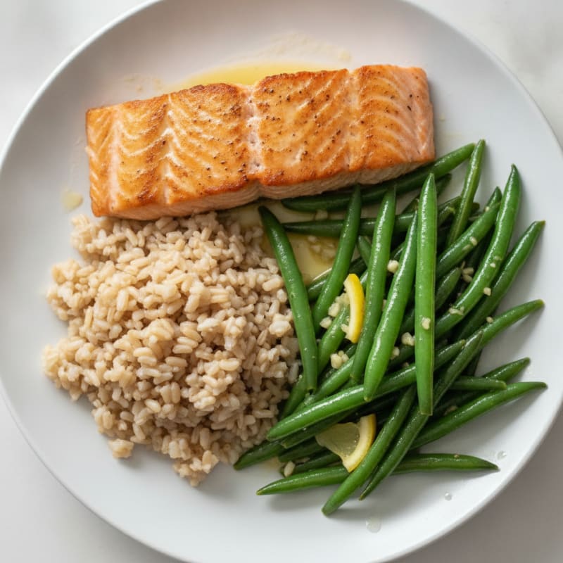 Seared Salmon with Lemon Garlic Green Beans and Brown Rice