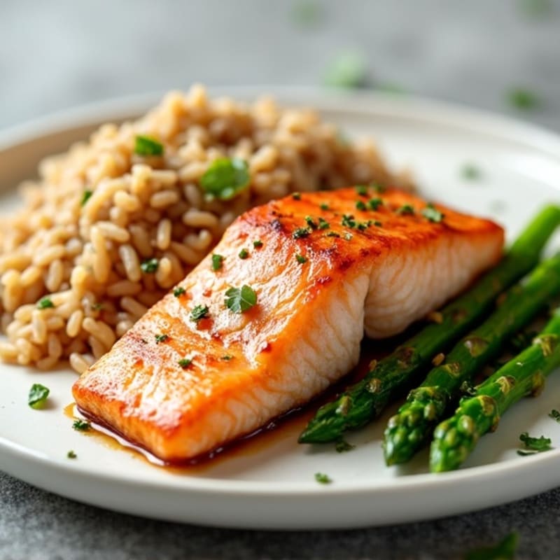 Seared Salmon with Steamed Asparagus and Brown Rice
