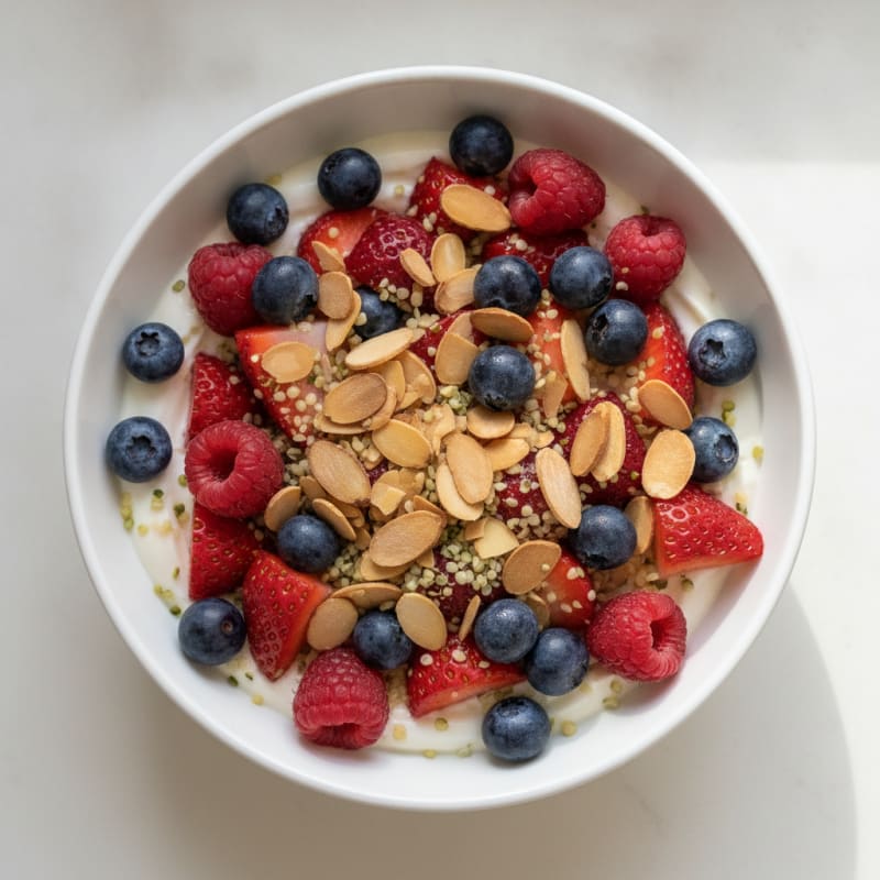 Protein Greek Yogurt Bowl with Mixed Berries and Vanilla Protein Powder