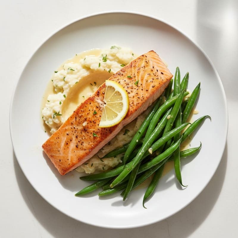 Seared Salmon with Steamed Green Beans and Cauliflower Mash