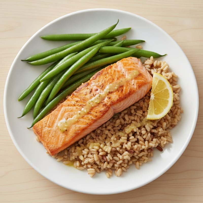 Seared Salmon Fillet with Steamed Green Beans and Brown Rice