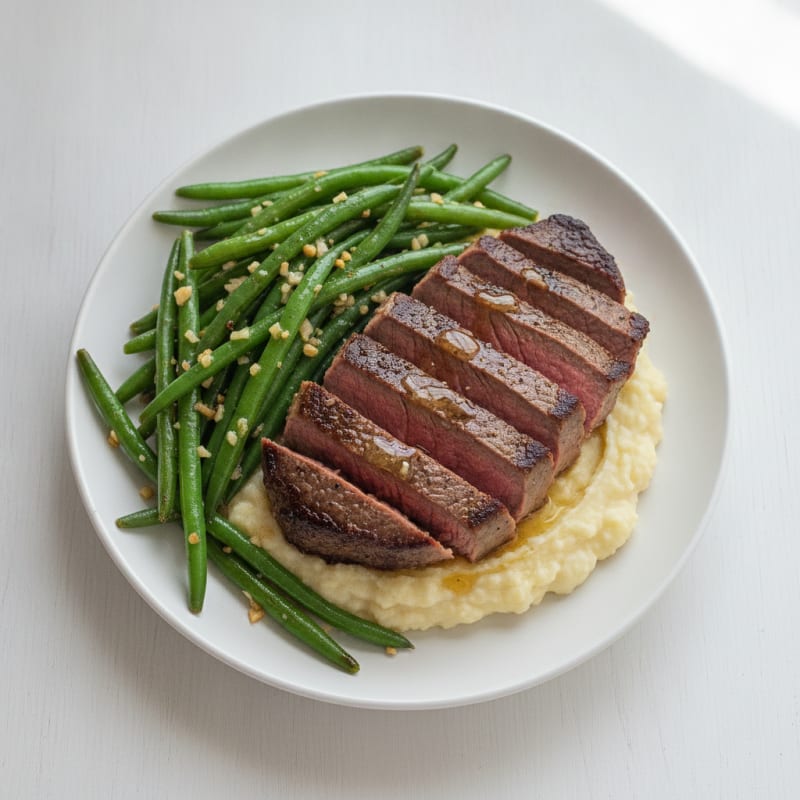 Seared Sirloin Steak with Garlic Green Beans and Cauliflower Mash