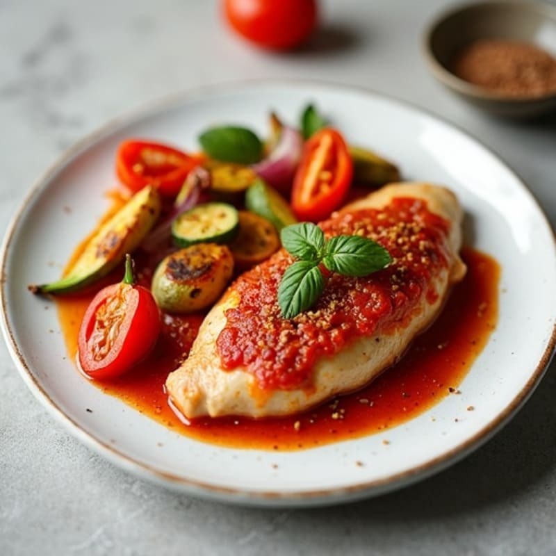 Healthy Creamy Spiced Tomato Chicken with Roasted Vegetables