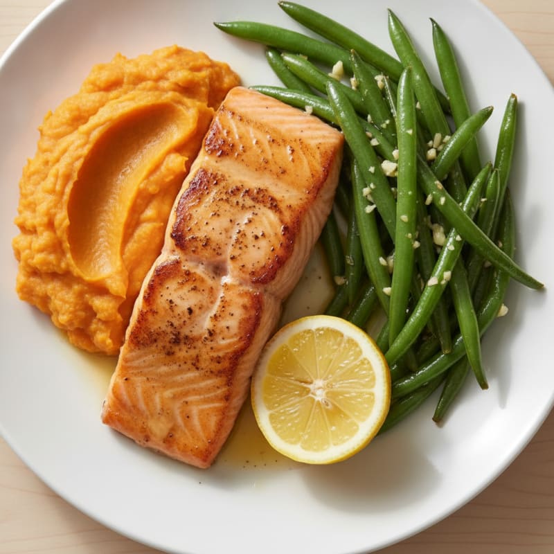 Seared Salmon Fillet with Garlic Green Beans and Sweet Potato Mash