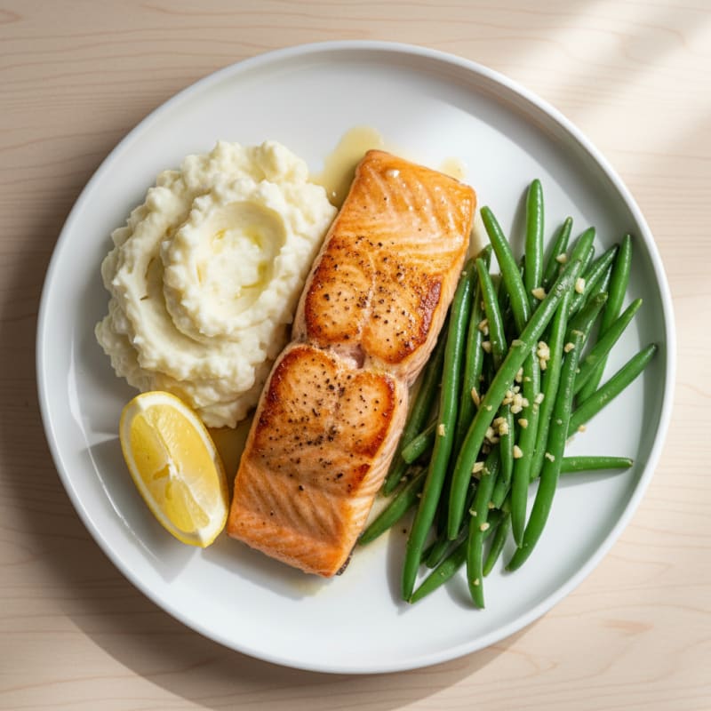 Seared Salmon with Garlic Green Beans and Mashed Cauliflower