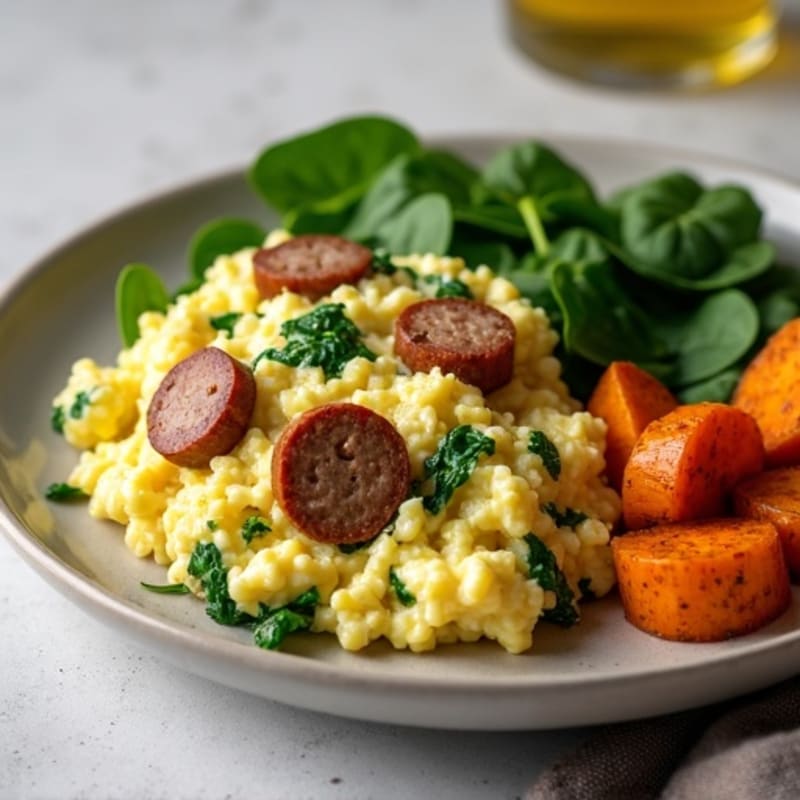 Egg White Spinach Scramble with Turkey Sausage and Roasted Sweet Potatoes