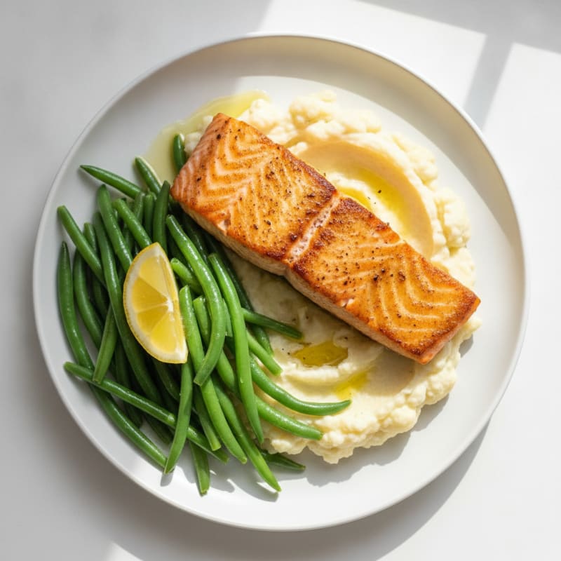 Seared Salmon with Steamed Green Beans and Garlic Mashed Cauliflower