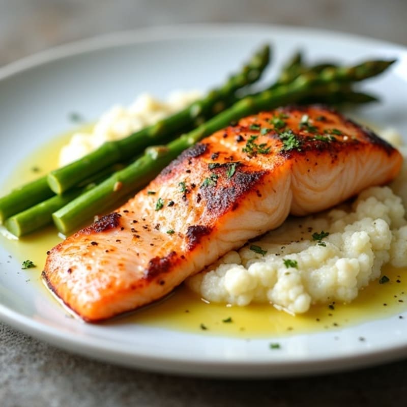Seared Salmon Fillet with Roasted Asparagus and Cauliflower Mash