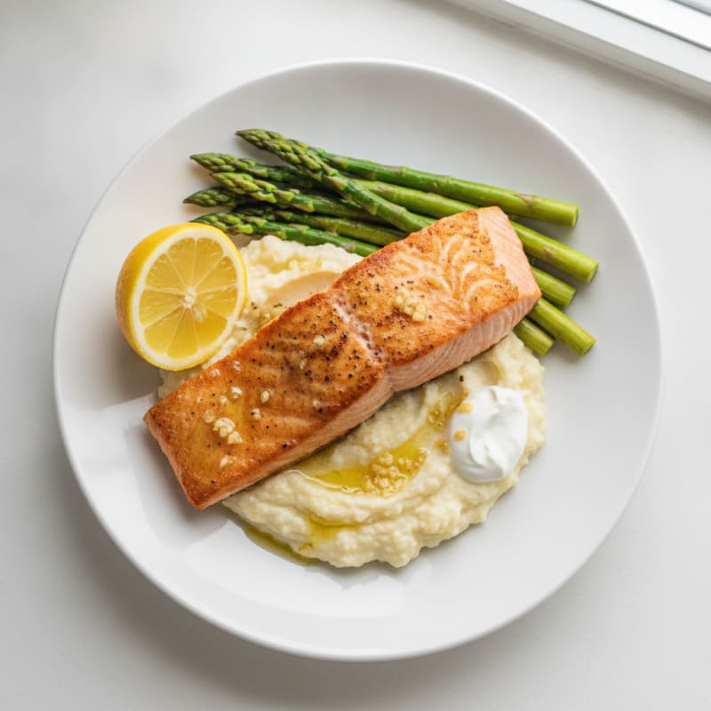 Seared Salmon Fillet with Steamed Asparagus and Cauliflower Mash