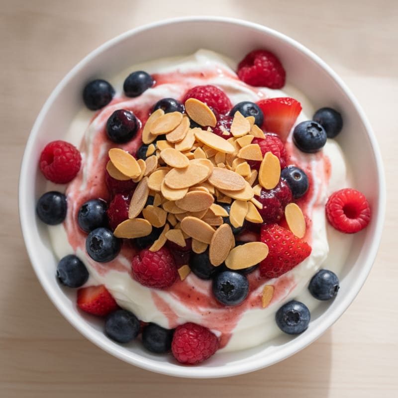 Greek Yogurt Protein Parfait with Mixed Berries and Almonds