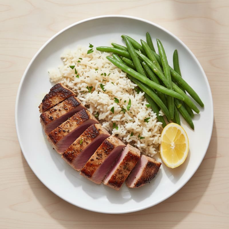 Seared Fish Fillet with Herb Rice and Steamed Green Beans