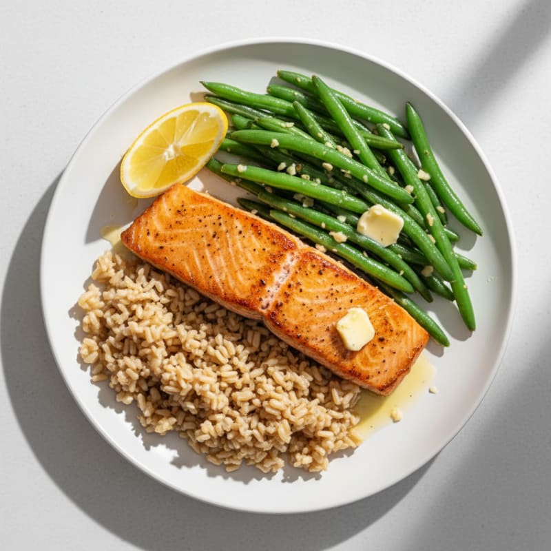 Seared Salmon Fillet with Garlic Green Beans and Brown Rice