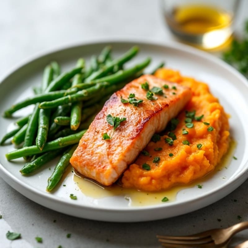Seared Salmon with Steamed Green Beans and Sweet Potato Mash