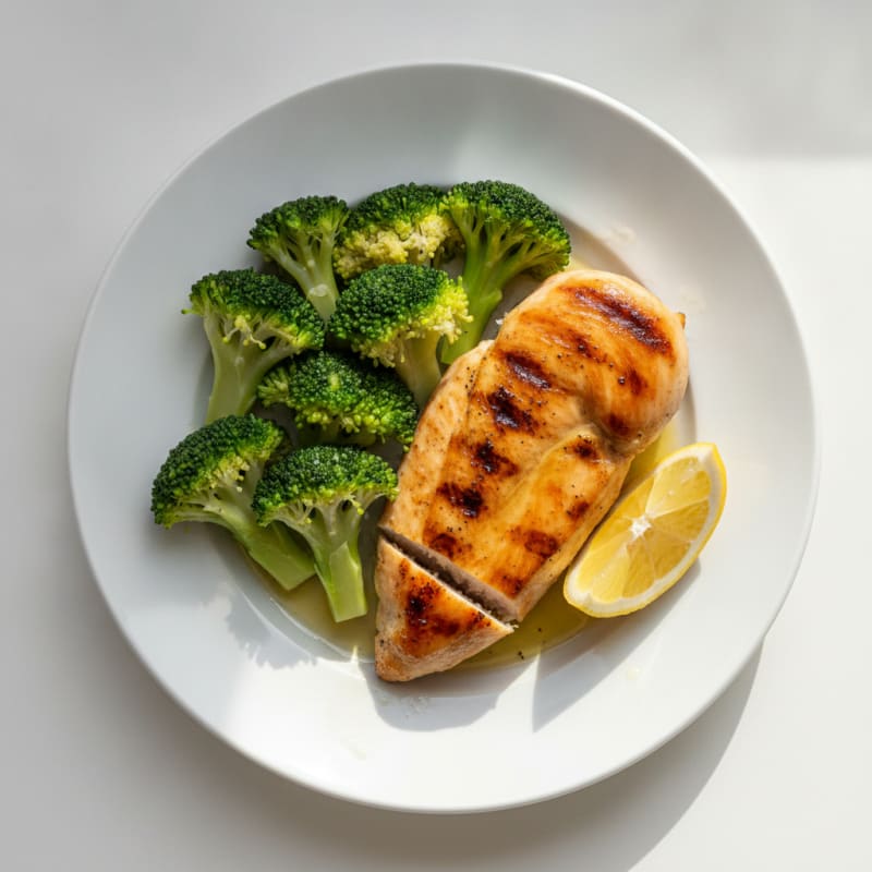Grilled Chicken Breast with Steamed Broccoli and Lemon