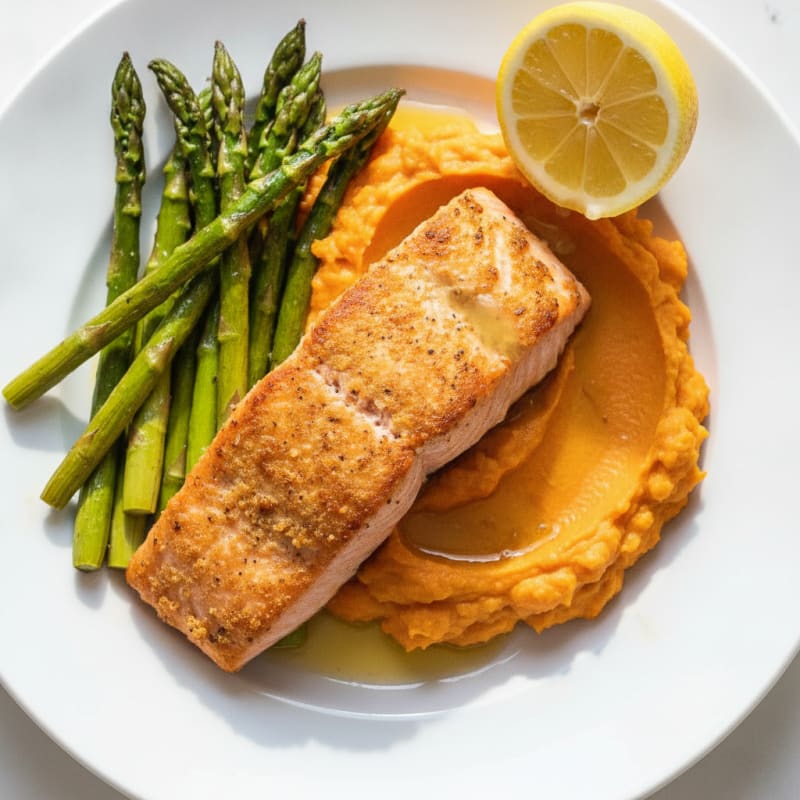 Seared Salmon Filet with Roasted Asparagus and Sweet Potato Mash