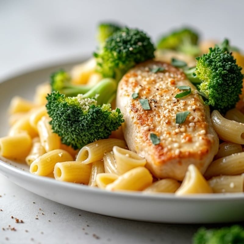 Creamy Garlic Chicken Pasta with Roasted Broccoli