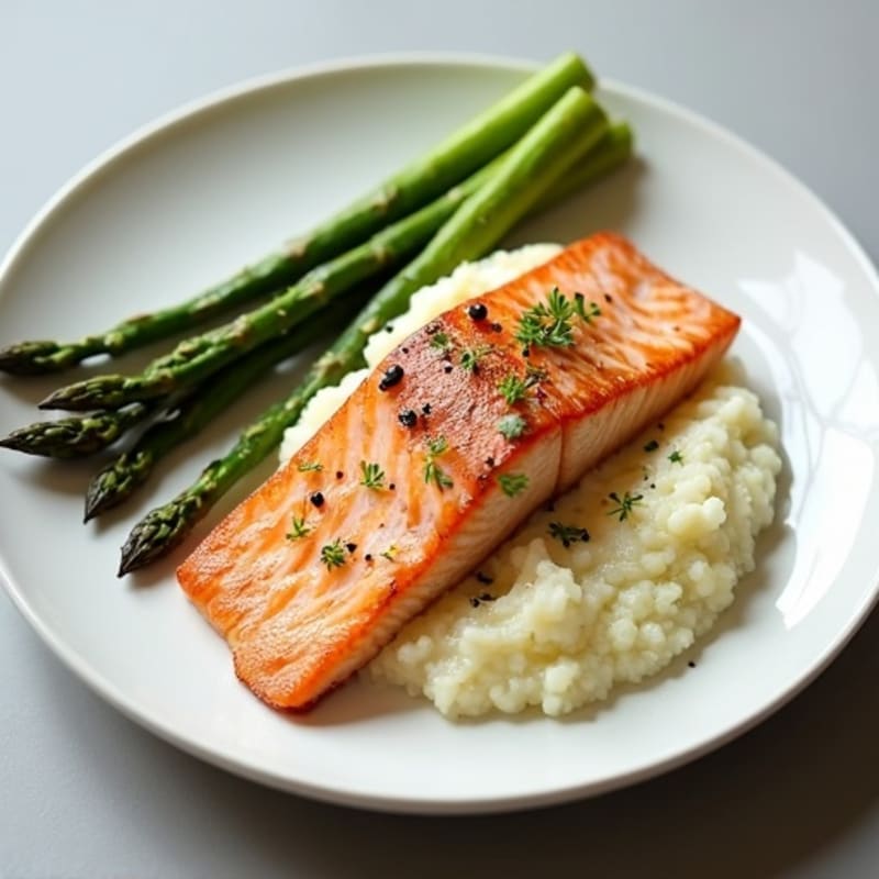 Seared Salmon Fillet with Roasted Asparagus and Cauliflower Mash