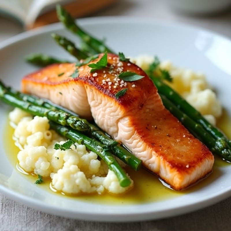 Seared Salmon with Steamed Asparagus and Mashed Cauliflower
