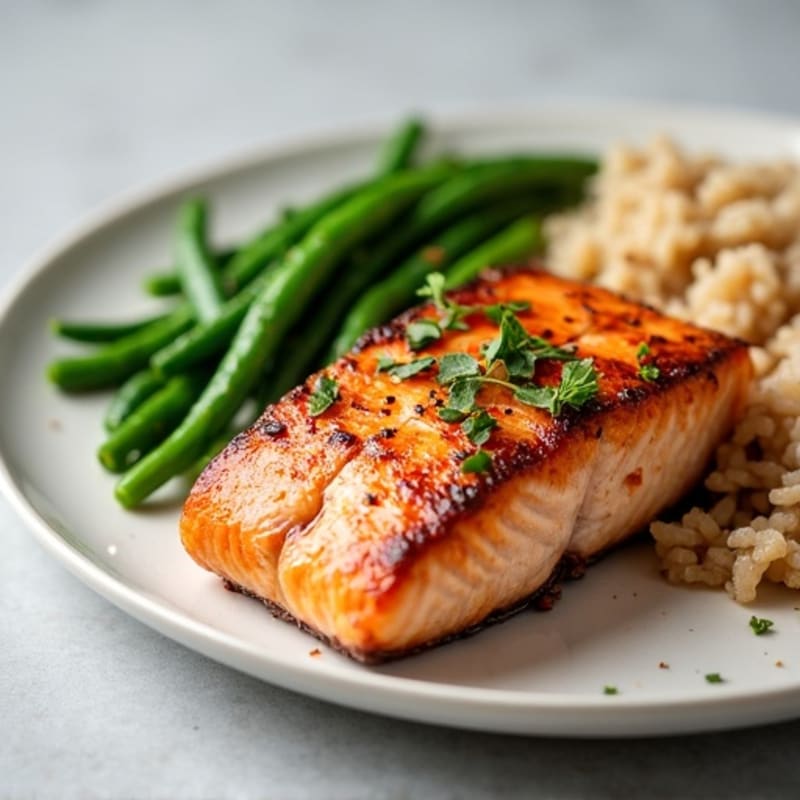 Seared Salmon Fillet with Steamed Green Beans and Brown Rice