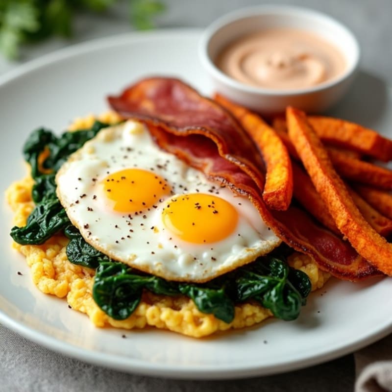 Egg White Scramble with Turkey Bacon, Sautéed Spinach & Sweet Potato Fries with Light Fry Sauce