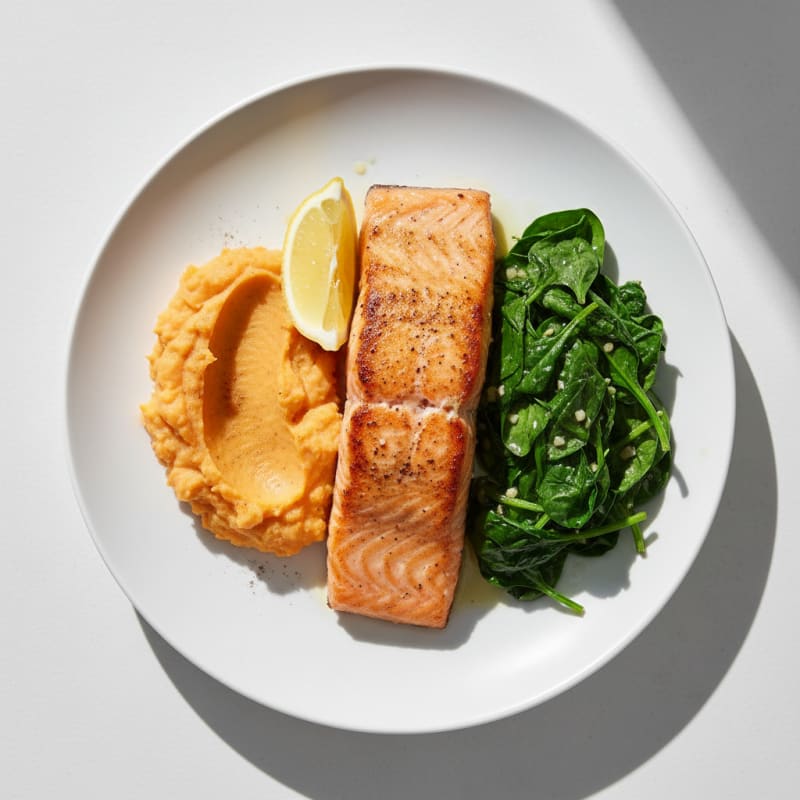 Seared Salmon Fillet with Garlic Spinach and Mashed Sweet Potato