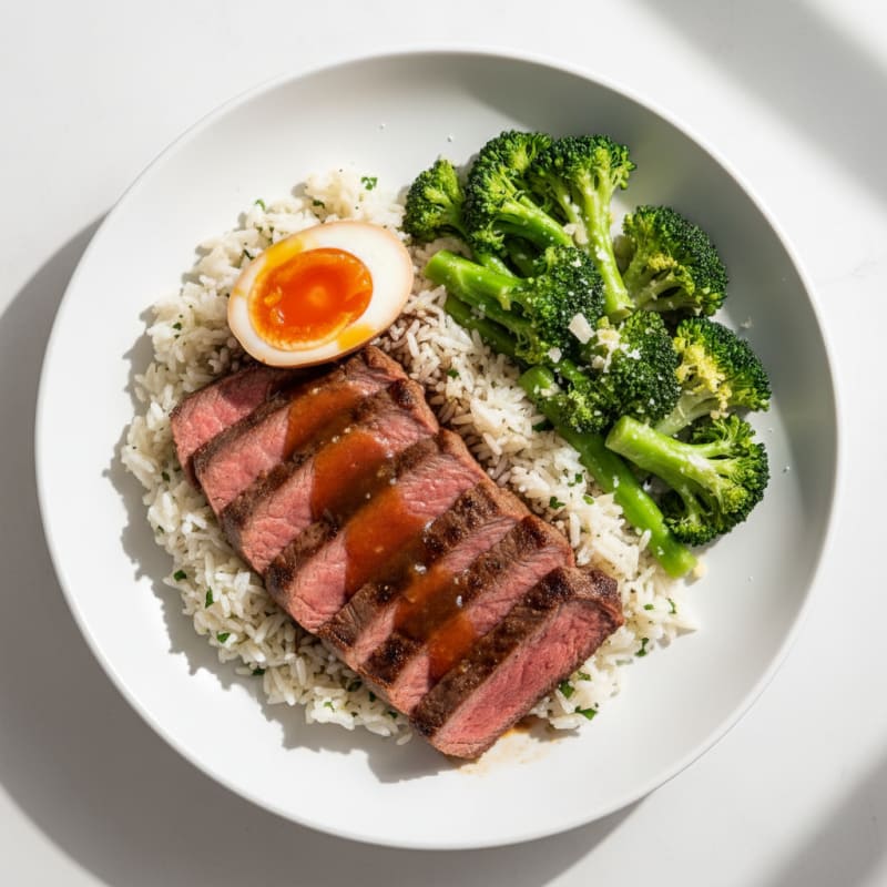Seared Steak with Garlic Herb Rice and Steamed Broccoli