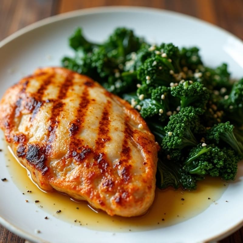 Seared Chicken Breast with Sweet Potato Fries and Sautéed Greens