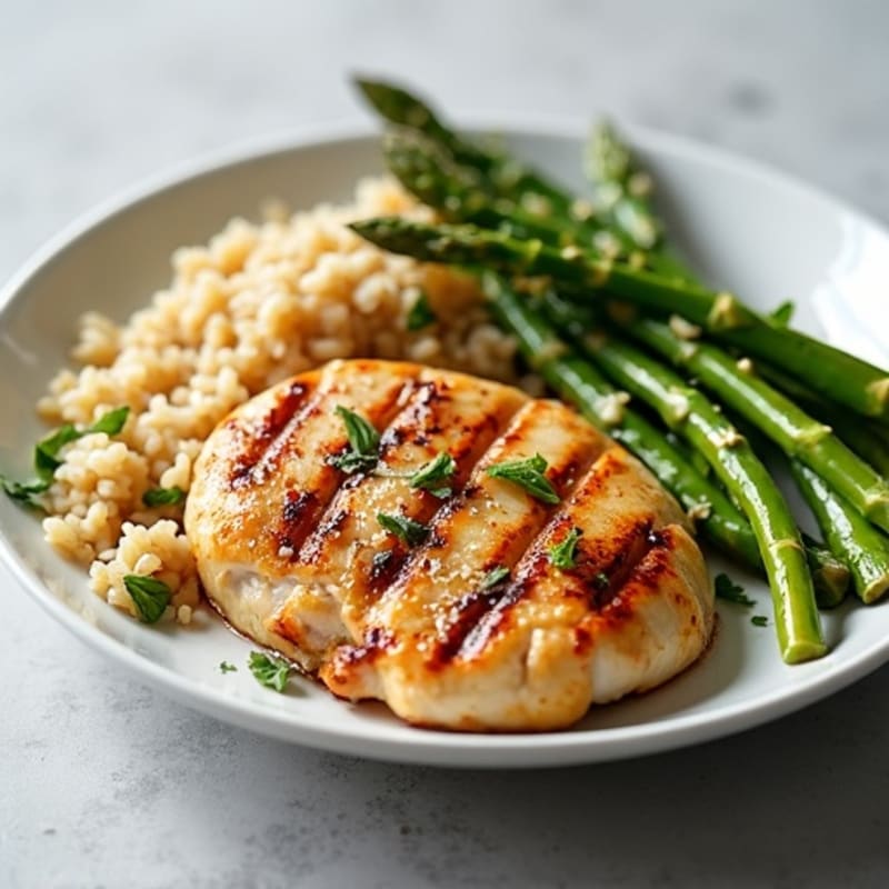 Grilled Chicken Breast with Roasted Asparagus and Brown Rice