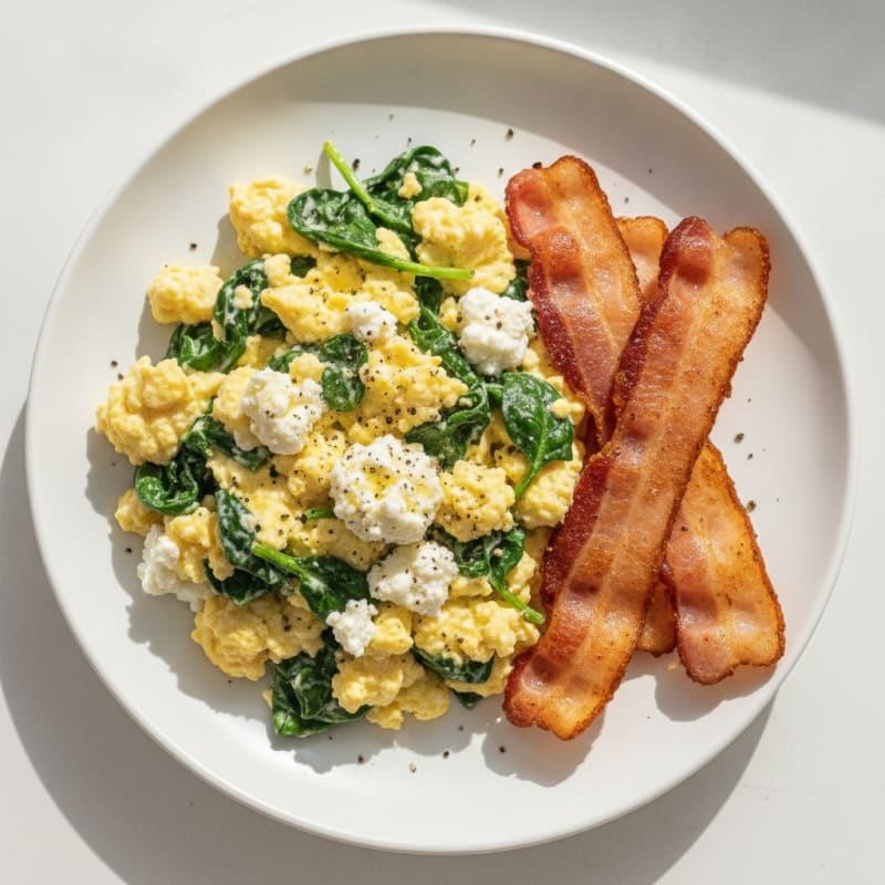 Cottage Cheese Scramble with Spinach and Turkey Bacon