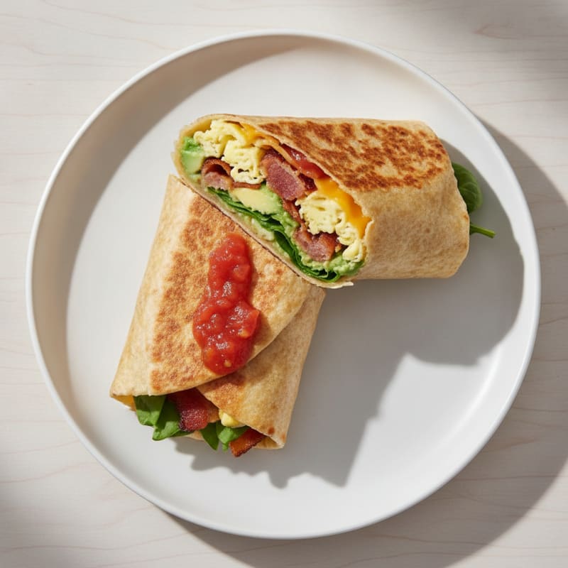 Crispy Turkey Bacon and Egg Breakfast Burrito with Cheddar