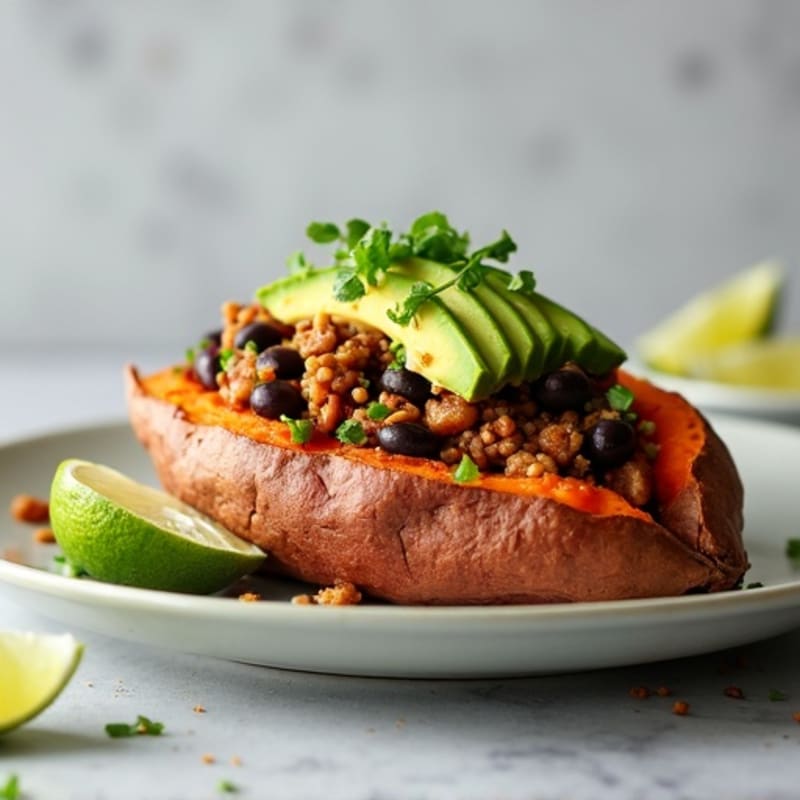 Loaded Baked Sweet Potato with Lean Ground Turkey, Black Beans, and Creamy Avocado