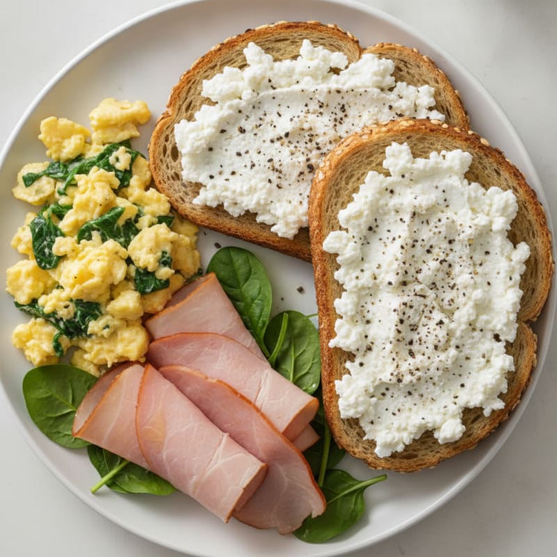 Breakfast Plate with Cottage Cheese Toast and Ham